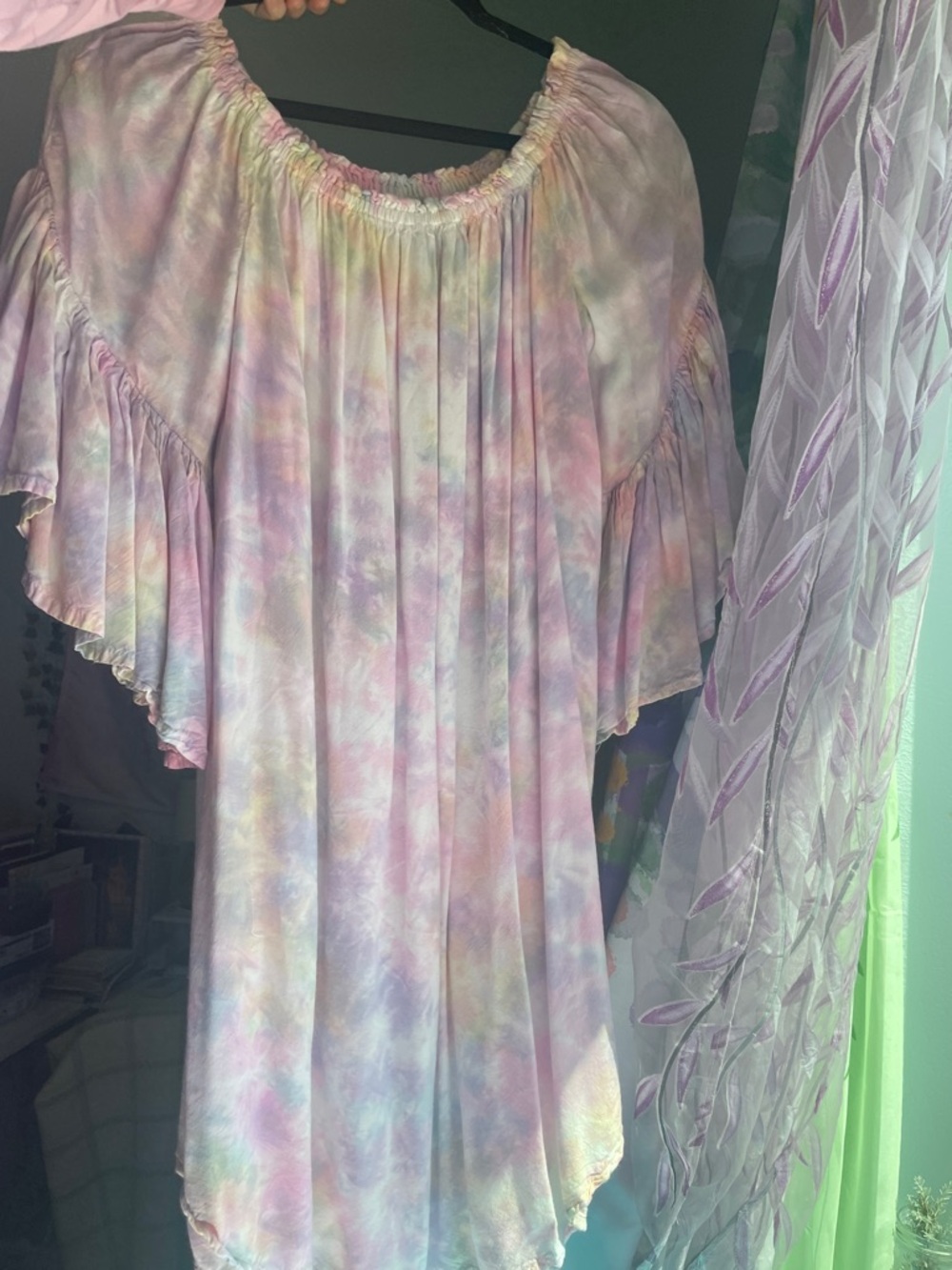 Feathers Brand Pastel Tie-Dye Off-Shoulder Ruffle Sleeve Tunic